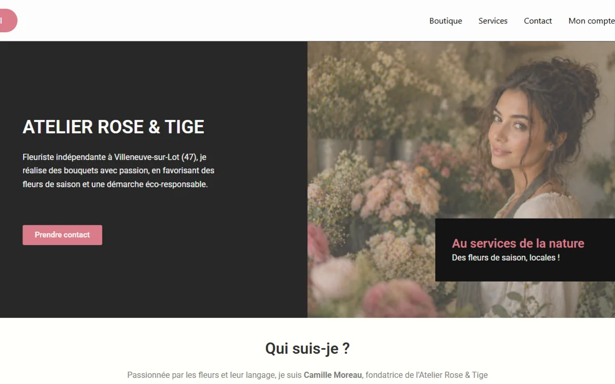 Capture réelle de la page d’accueil Atelier Rose & Tige