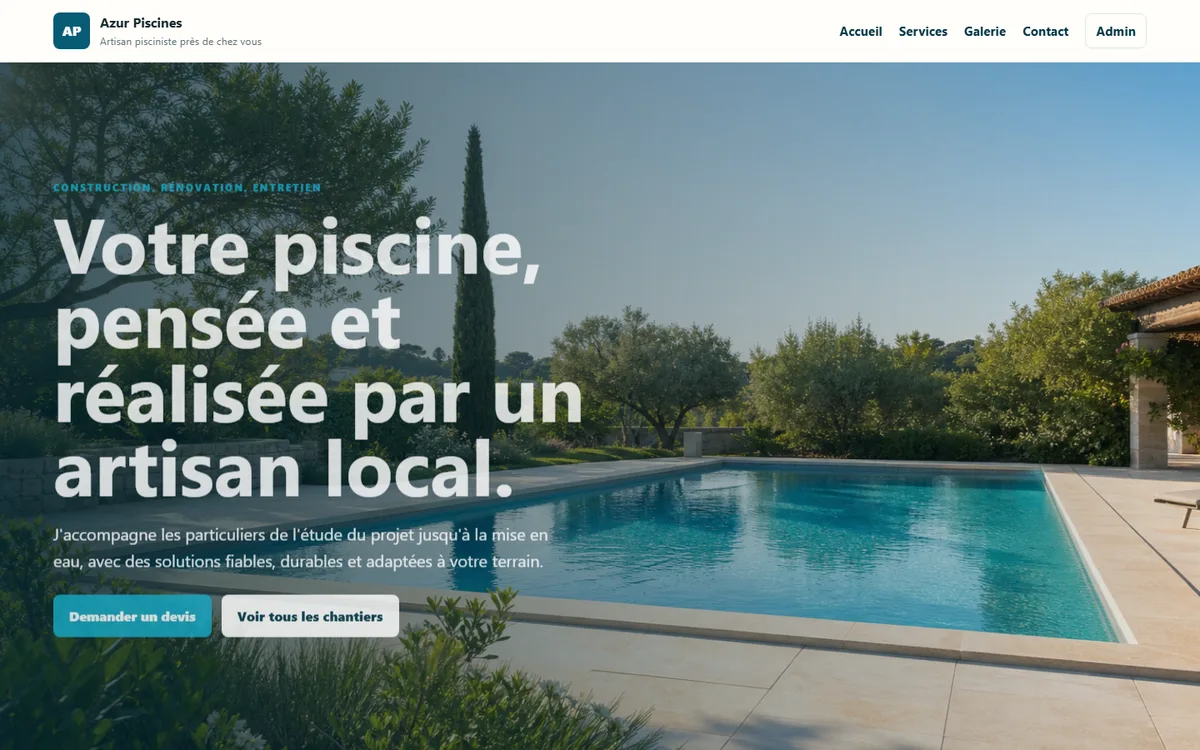 Page d’accueil de la démonstration Azur Piscines